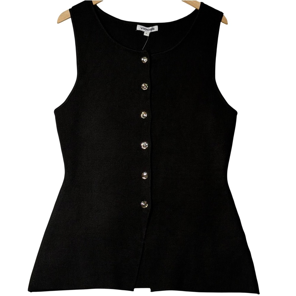 Vigoss‎ Womens Size Large Black Ribbed Knit Vest Gold Button Front Classic NWT